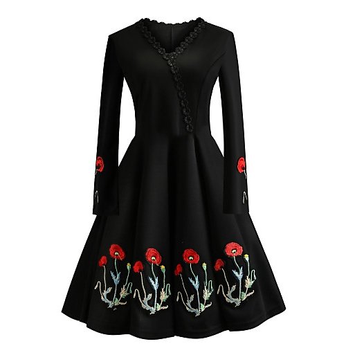 Women daily, go retro, elegant slim skin, evening gowns, floral embroidery cotton V-neck