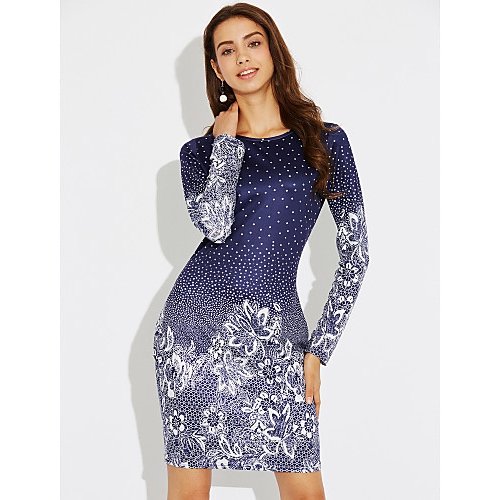 Women, Holiday tight dress, blue flower, print, Slim