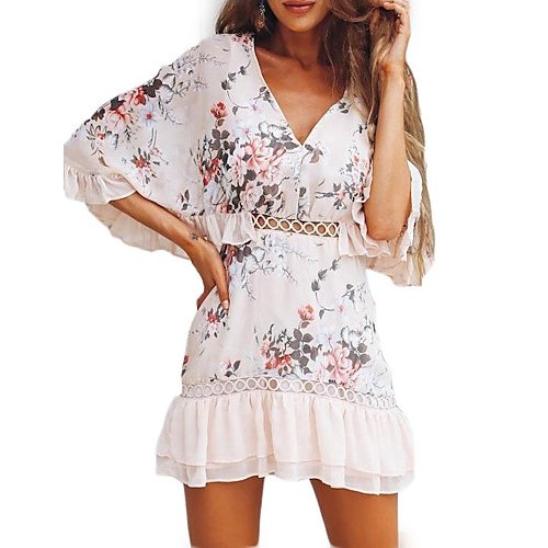 Female holiday, go skating dress, Floral small V-neck