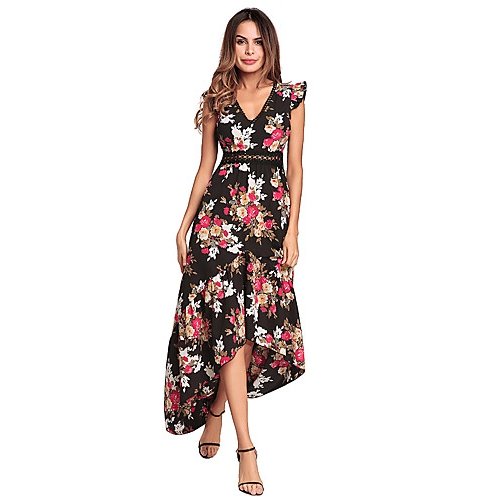 Women vacation, put out cotton dresses, halter floral print high waist V-neck asymmetrical