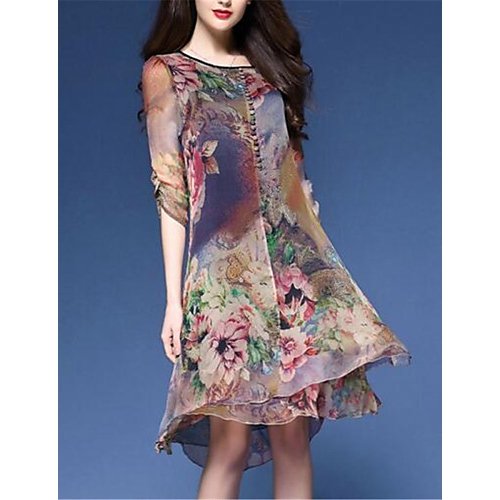 Women Plus Size Chinese wind loose chiffon dress, printing