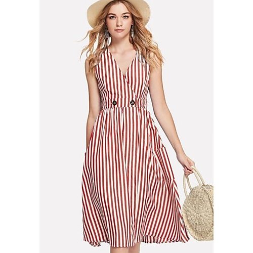 Women basic A-line dress, striped print